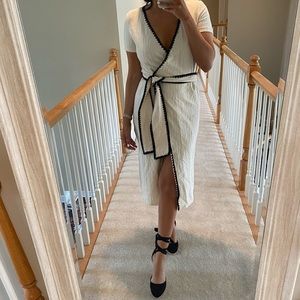 Zara off white midi wrap dress with black trim detail and tie
